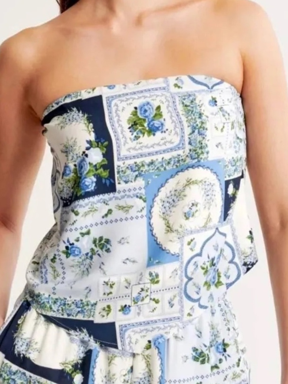 NWT Abercrombie & Fitch Strapless Patchwork Floral Top - Blue & White